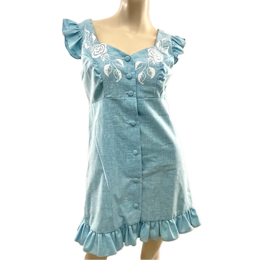 Vintage- Malama Hawaii blue linen button up mini dress with white roses- 4